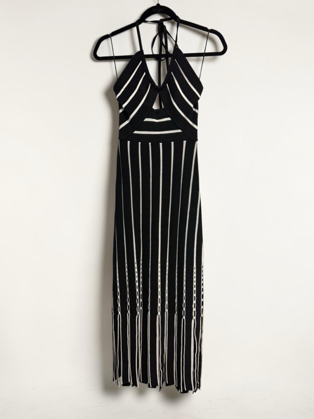 Ramy Brook Frida Stripe Halter Midi Dress Black Fringe Cutout Size XS - Picture 4 of 9